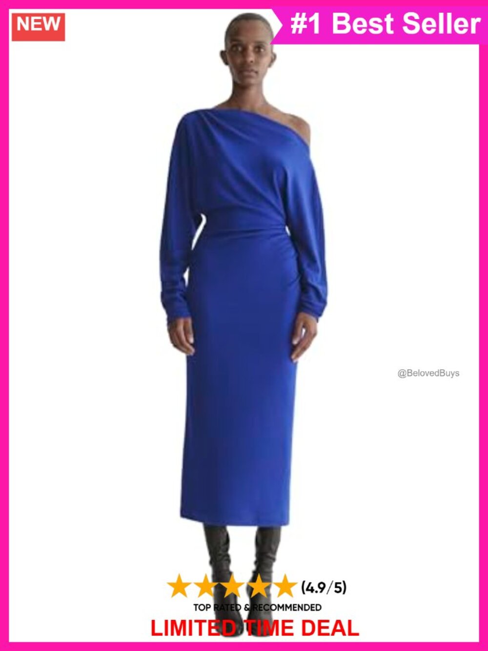 Wool Jersey Midi Dress Asymmetric Neck Long Sleeve Business Casual
